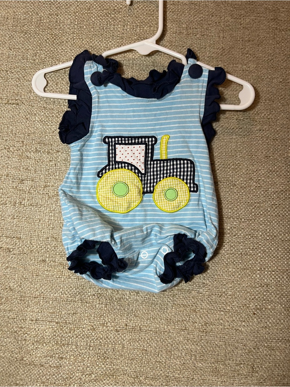 Striped Light Blue Tractor Baby Romper with Navy Ruffles